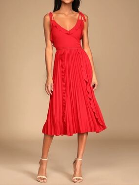 XS •Lulu's• Never a Dull Moment Bright Red VNeck Tie-Shoulder Pleated Midi Dress